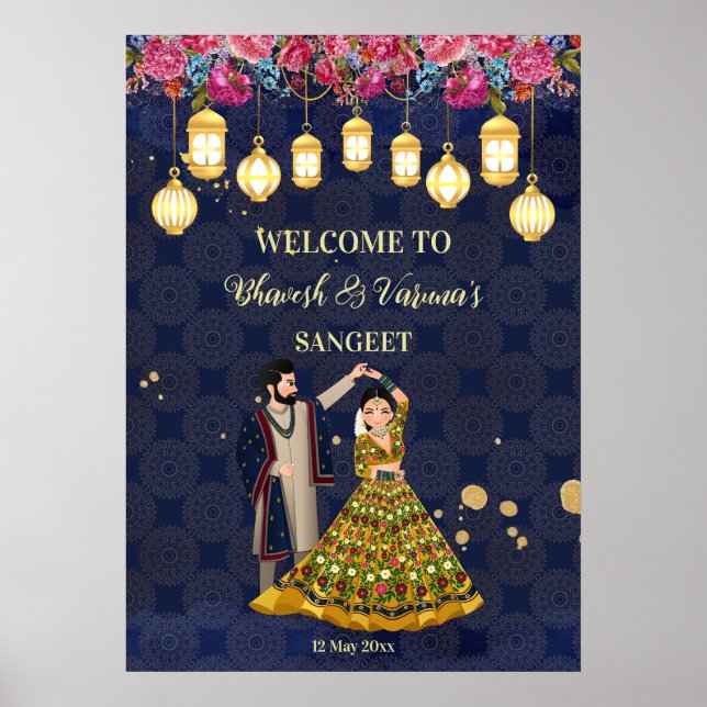 Póster Bienvenida Sangeet personalizado signo bailando pa (Frente)