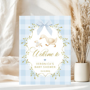 Póster Bienvenida Silly Goose Azul a Cuadros Baby Shower