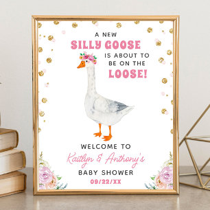 Póster Bienvenida Silly Goose Rosa Acuarela para Baby Sho