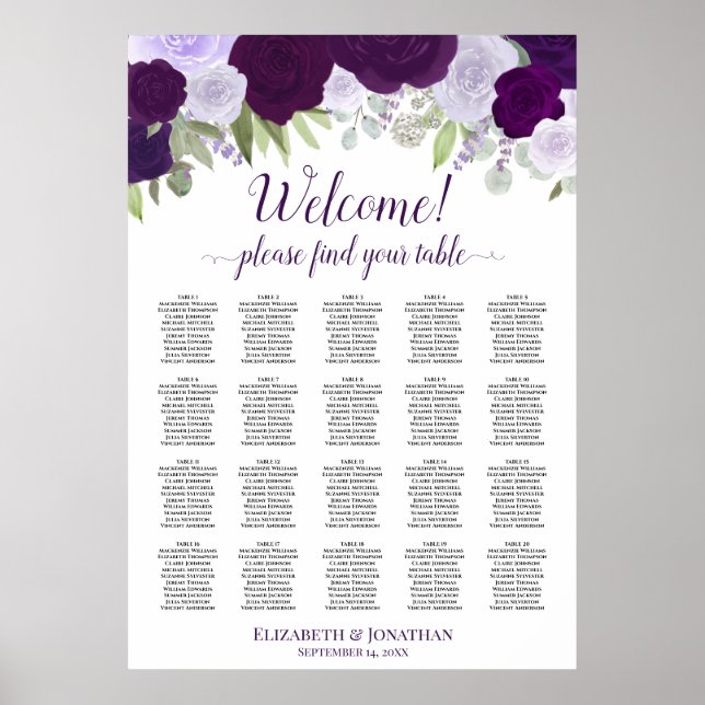 Póster ¡Bienvenida! Tabla 20 Tabla De Asientos Florales D (Frente)