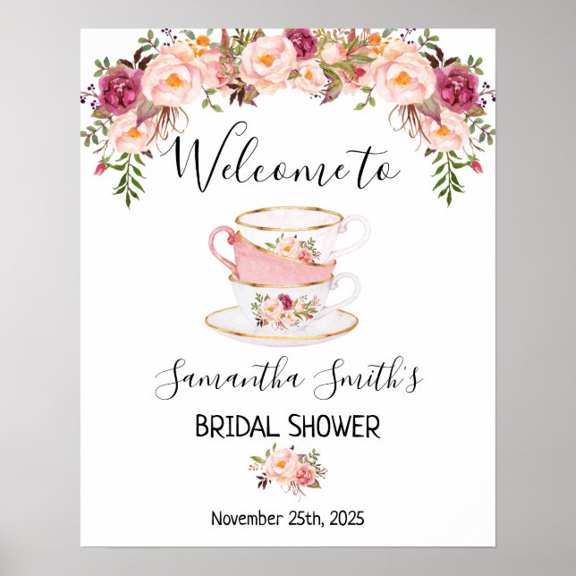 Póster Bienvenida Tea novia ducha signo rosa floral (Frente)