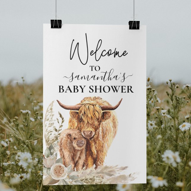 Póster Bienvenida Vaca Highland Ternera Baby Shower Boho (Subido por el creador)