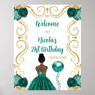 Póster Bienvenida Verde azulada a Princesa de Piel Oscura