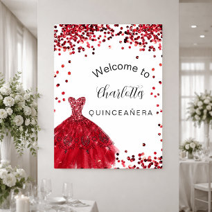 Póster Bienvenida vestido de brillo rojo blanco Quinceane