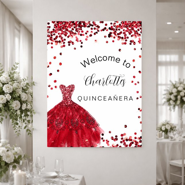 Póster Bienvenida vestido de brillo rojo blanco Quinceane (Subido por el creador)