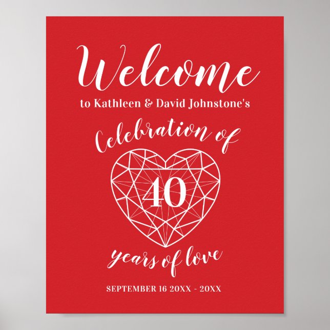 Póster Bienvenido 40 aniversario de ruby personalizado (Frente)