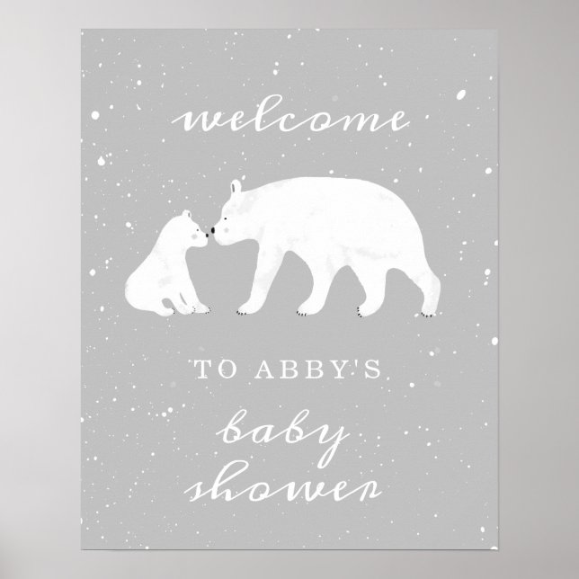 Póster Bienvenido a Baby Shower Mama Polar Bear Gray Snow (Frente)