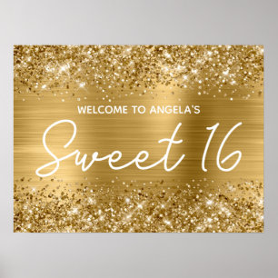Póster Bienvenido a Dulces 16 con Brillo Dorado y Hojalat