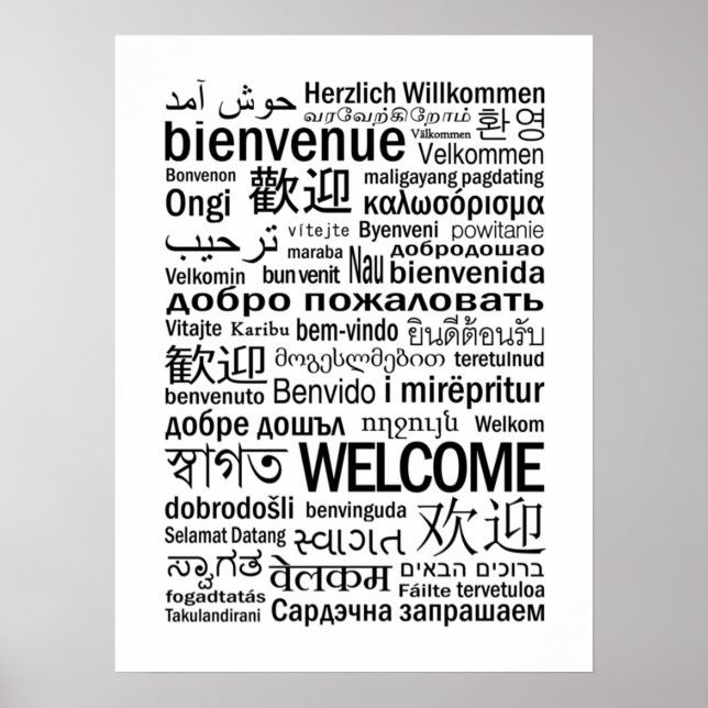 Póster Bienvenido/a multilingüe negro y blanco (Frente)