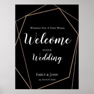 Póster Bienvenido a nuestro Boda Black Gold Geométrico