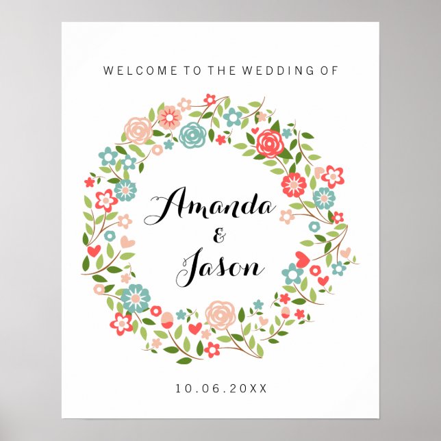 Póster Bienvenido a nuestro cartel de boda | Floral | ban (Frente)