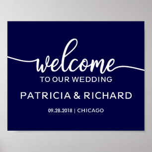 Póster Bienvenido a nuestro letrero de boda chic azul mar