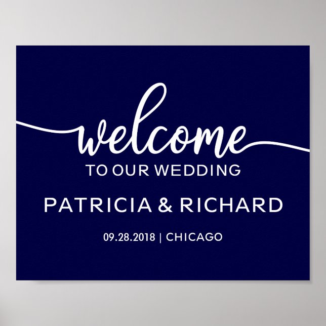 Póster Bienvenido a nuestro letrero de boda chic azul mar (Frente)