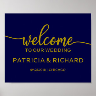 Póster Bienvenido a nuestro letrero de boda Chic Gold Nav
