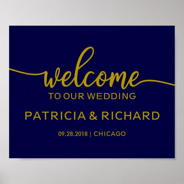 Póster Bienvenido a nuestro letrero de boda Chic Gold Nav (Frente)