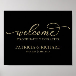 Póster Bienvenido a nuestro letrero dorado negro Happily