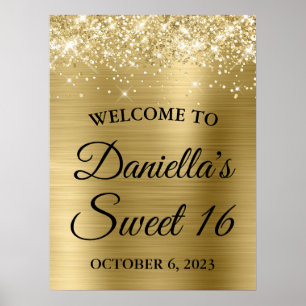Póster Bienvenido a Sweet 16 Glam Brillante Dorado Pálido