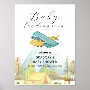 Póster Bienvenido al baby shower de avioneta llegando pro
