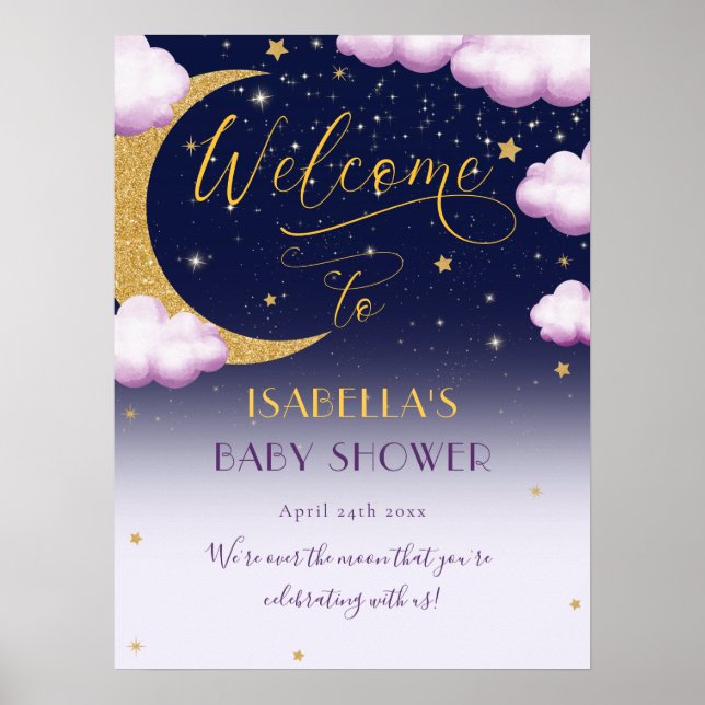Póster Bienvenido al Baby Shower de Cute Chica en la Luna (Frente)