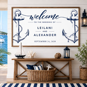 Póster Bienvenido Ancla de Boda Náutica Blanca