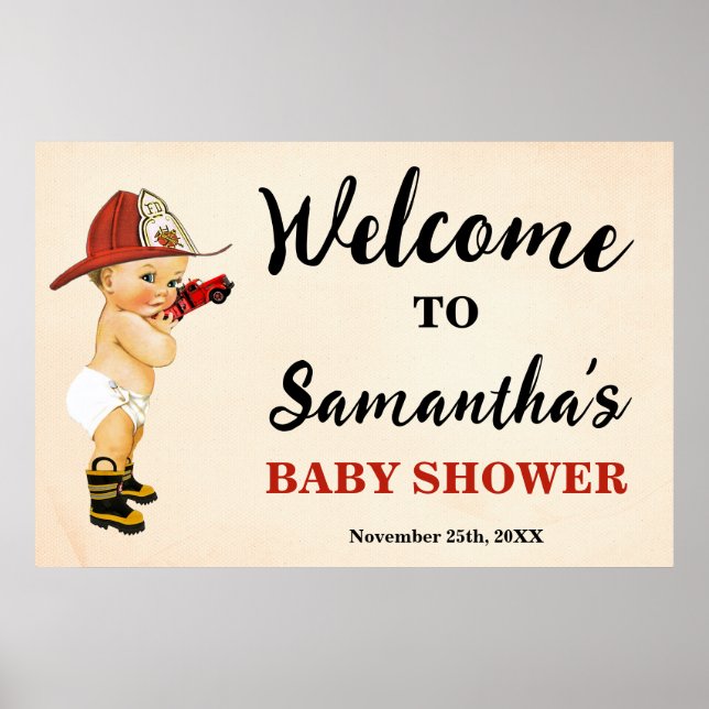 Póster Bienvenido Baby Shower del Pequeño Bombero (Frente)