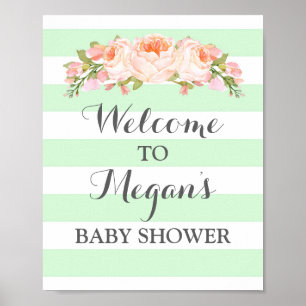 Póster Bienvenido Baby Shower Rótulo Flores de menta