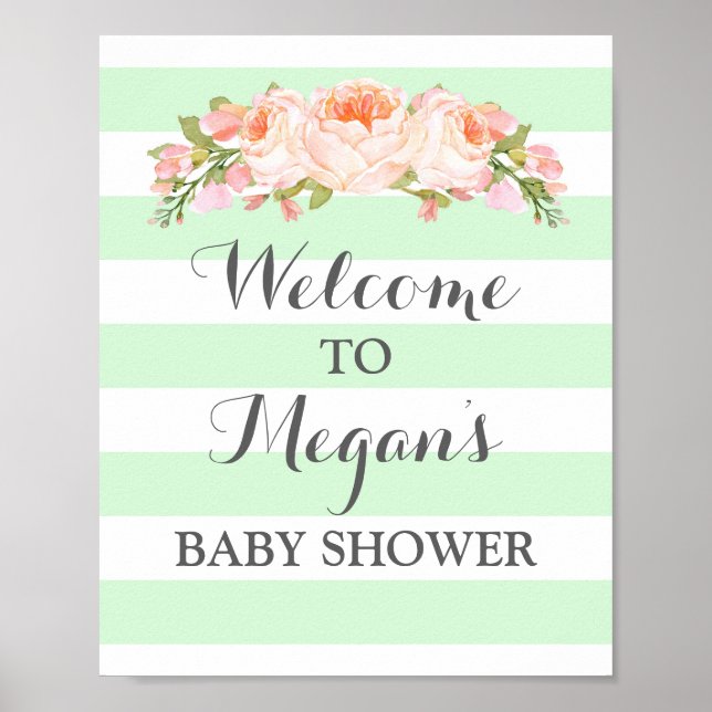 Póster Bienvenido Baby Shower Rótulo Flores de menta (Frente)
