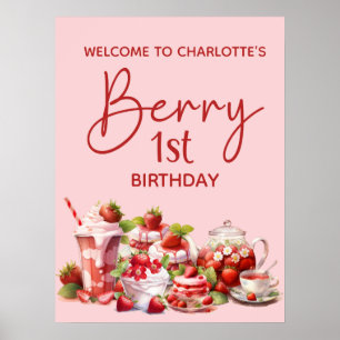 Póster Bienvenido Berry cumpleaños 1 rosa rojo fresa