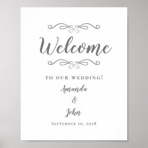 Póster Bienvenido Boda Caligrafía Elegante Gris Blanco