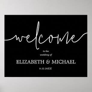 Póster Bienvenido Boda de caligrafía blanca y negra