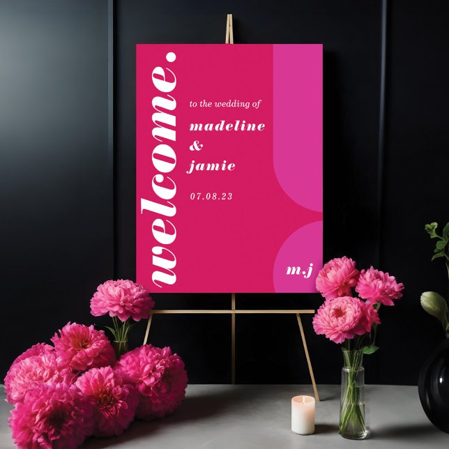 Póster Bienvenido Boda de resumen de magenta rosa negrita (Welcome Bold Pink Magenta Retro Abstract Wedding Poster)
