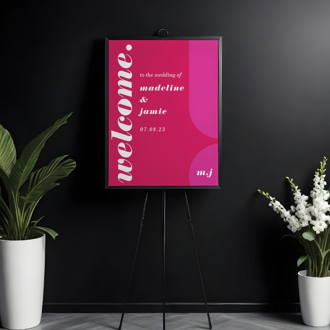 Póster Bienvenido Boda de resumen de magenta rosa negrita (Welcome Bold Pink Magenta Retro Abstract Wedding Poster)