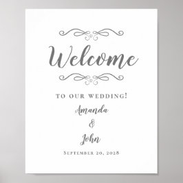 Póster Bienvenido Boda Elegante Caligrafía Blanco Gris