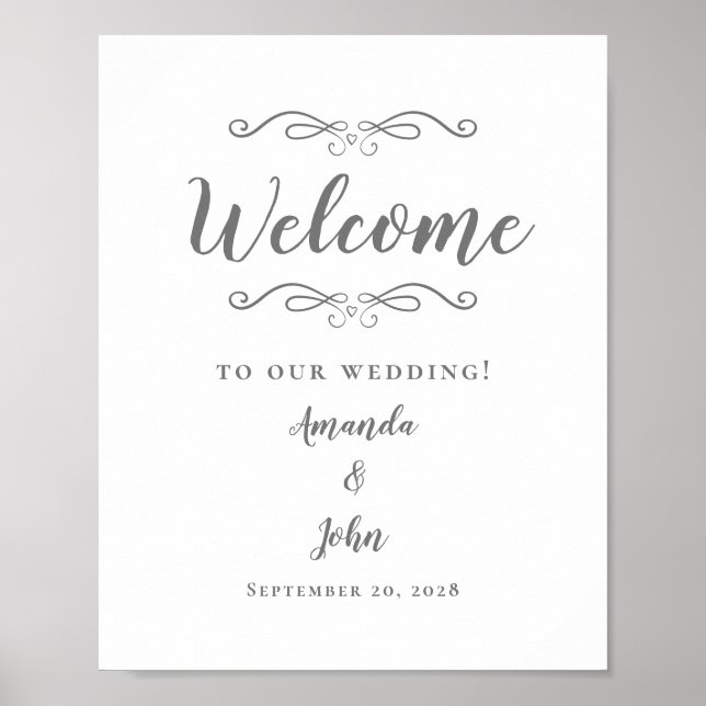 Póster Bienvenido Boda Elegante Caligrafía Blanco Gris (Frente)
