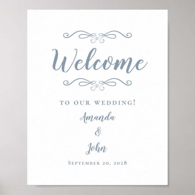 Póster Bienvenido Boda Elegante caligrafía Dusty Blue (Frente)