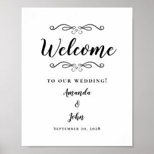 Póster Bienvenido Boda Elegante Caligrafía Negro y Blanco
