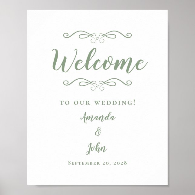 Póster Bienvenido Boda Elegante Caligrafía Sage Green (Frente)
