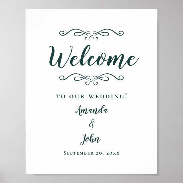 Póster Bienvenido Boda Elegante caligrafía verde esmerald (Frente)