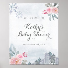 Póster Bienvenido copos de nieve de invierno florales ros