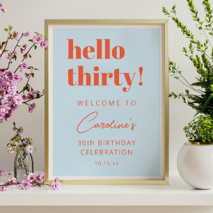 Póster Bienvenido cumpleaños treinta 30 Blue Orange Hello