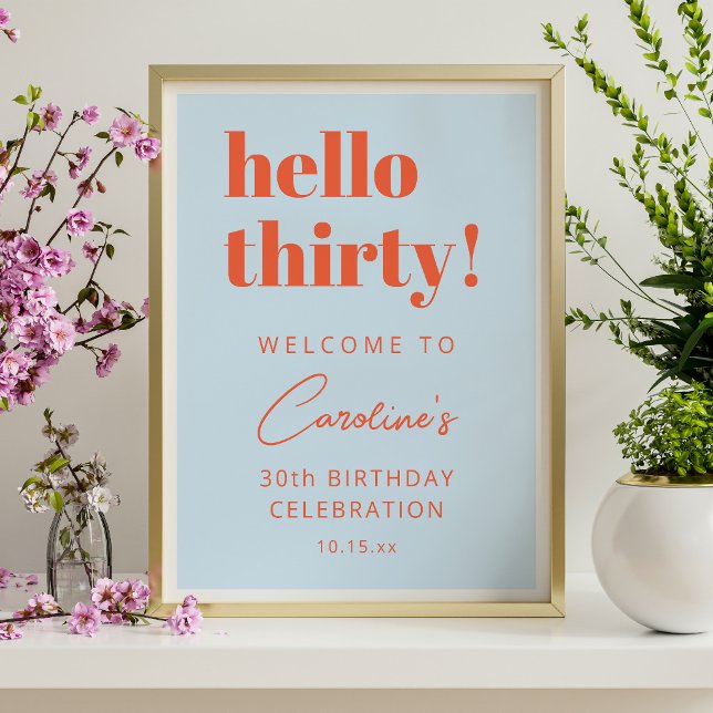 Póster Bienvenido cumpleaños treinta 30 Blue Orange Hello (Subido por el creador)