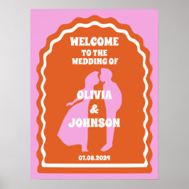 Póster Bienvenido Naranja rosa negrita Boda de arco ondul