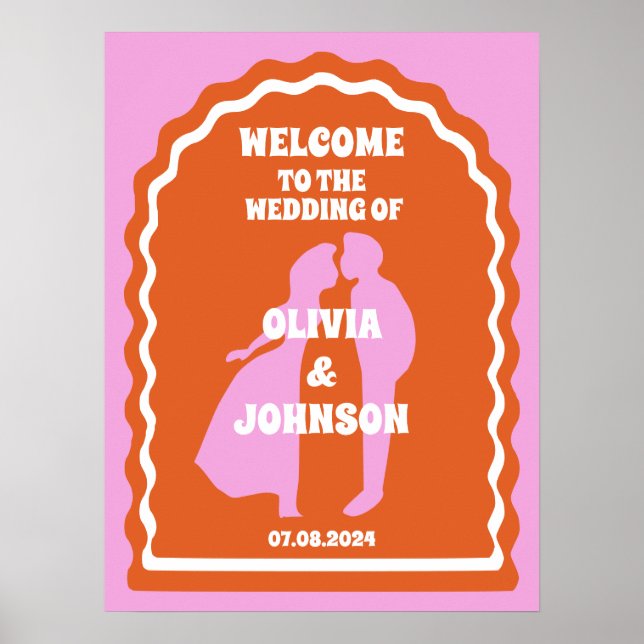 Póster Bienvenido Naranja rosa negrita Boda de arco ondul (Frente)