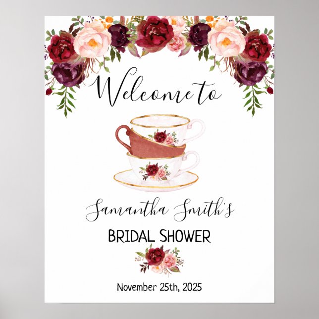 Póster Bienvenido Tea bridal ducha marsala signo de flore (Frente)
