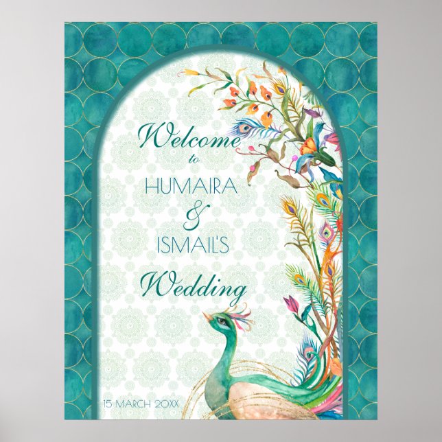 Póster Bienvenidos a Aqua Green Arabian floral Peacock (Frente)