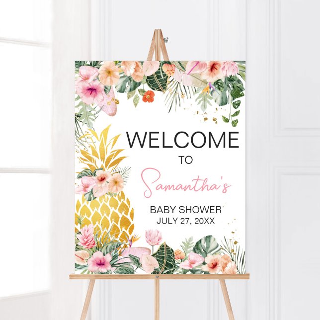 Póster Bienvenidos a Baby Shower a Aloha Pineapple (Floral Aloha Baby Shower Welcome Sign)
