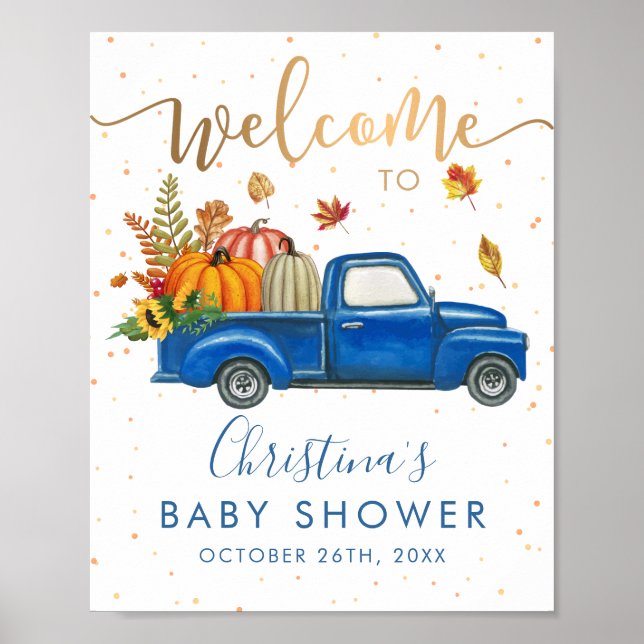 Póster Bienvenidos a Baby Shower a Blue Truck Pumpkin Otu (Frente)