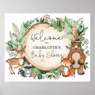 Póster Bienvenidos a Baby Shower a Cute Greenery Woodland