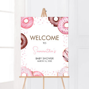 Póster Bienvenidos a Baby Shower a donuts y pañales rosas