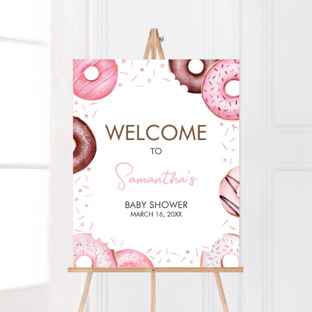 Póster Bienvenidos a Baby Shower a donuts y pañales rosas (Pink Sweet Sprinkle Baby Shower Welcome Sign)